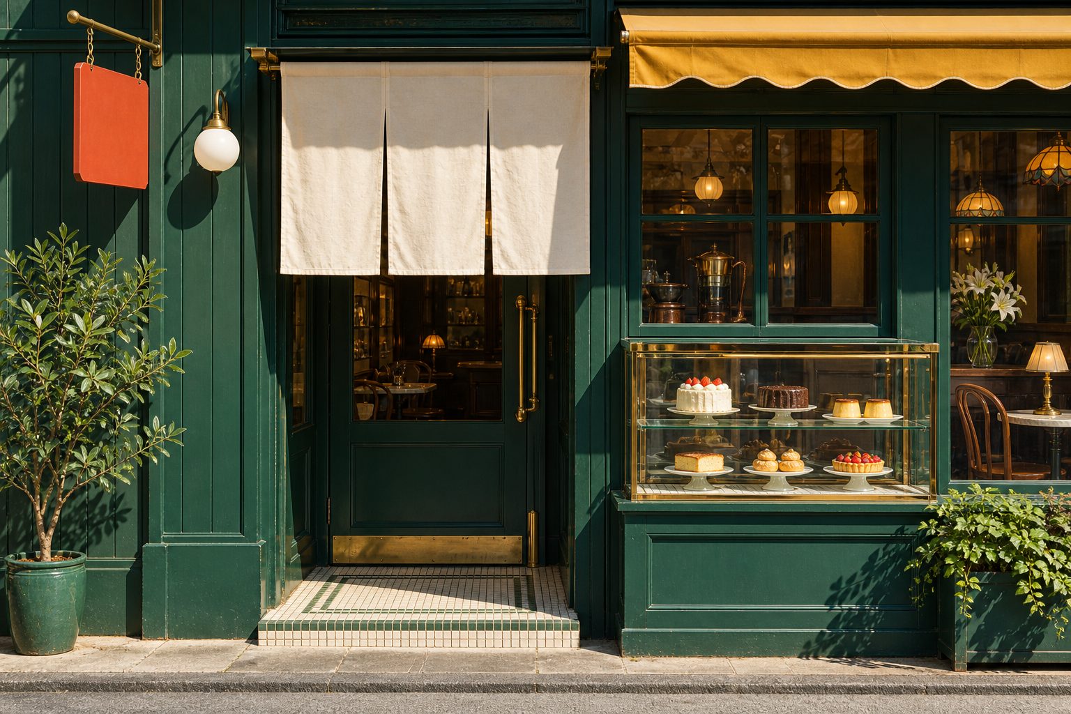 深緑の板張りの店構え。生成りののれんとからし色の布オーニングが掛かり、ガラスケースの中にケーキが並んでいる。左には白いタイルの壁と植木鉢。