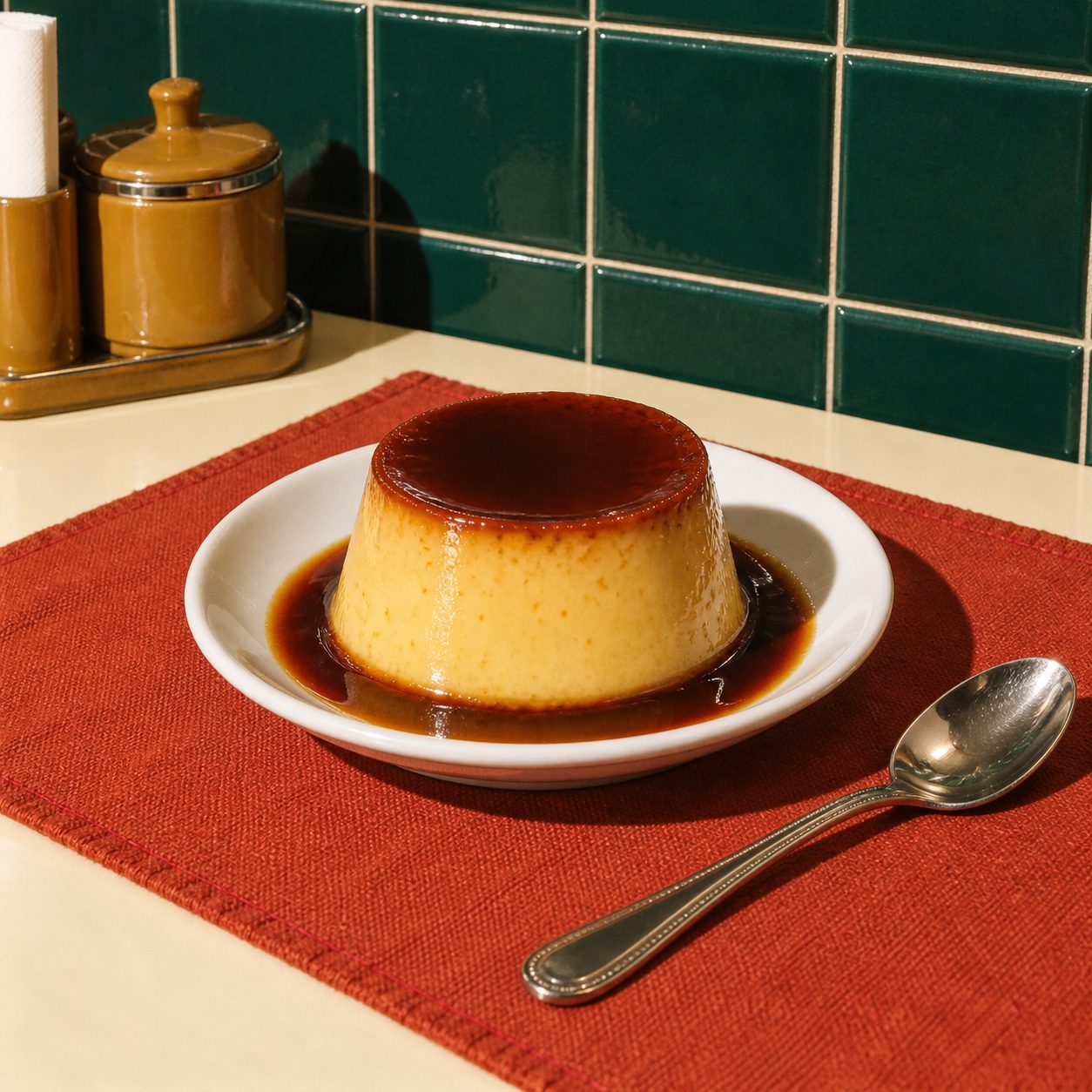 白い皿にのったプリン。とろりとしたカラメルが皿に広がり、赤いランチョンマットとスプーン、奥にからし色のポットと緑のタイル。