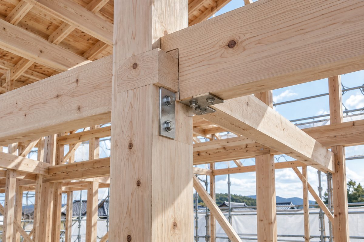建築中の木造軸組。土台と柱、梁の接合部が金物で固定されているところを斜めから写している。人物は写っていない。