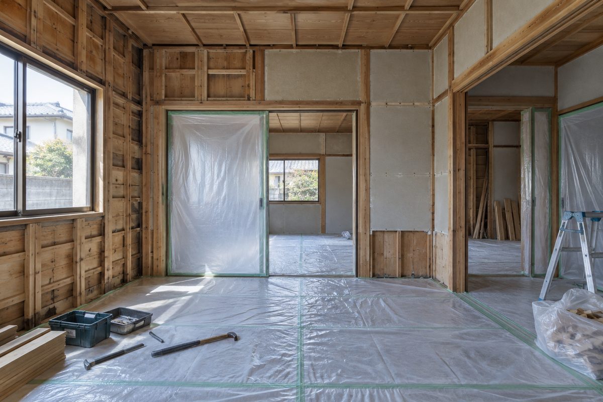 リフォーム中の室内。仕上げを剥がした下地が現れ、床には養生シートと工具が置かれている。人物は写っていない。