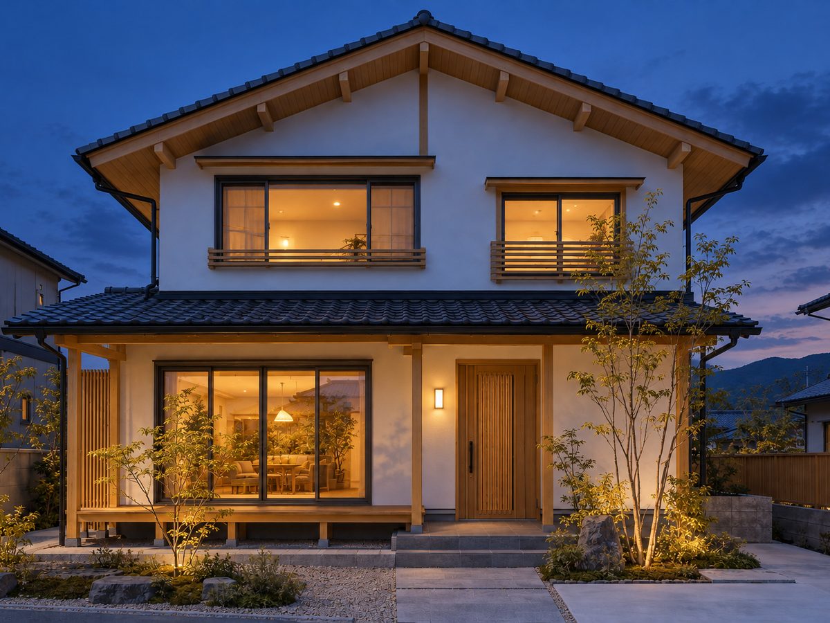 同じ住宅の夜の外観。窓から室内の灯りがもれ、植栽が足元から照らされている。