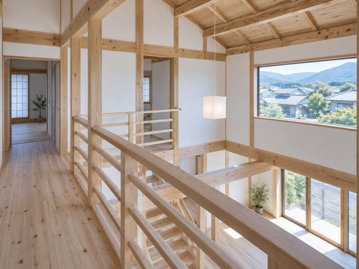 2階のホール。木の手すり越しに吹き抜けを見下ろし、窓の外に家並みと山が見える。