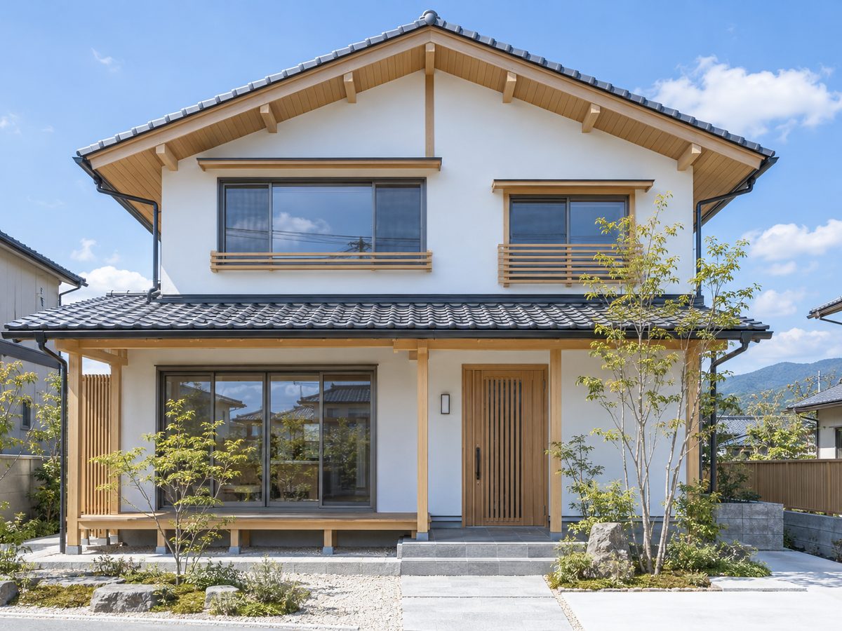 切妻屋根の木造2階建て住宅を正面から見た外観。白い塗り壁と木の軒、格子の玄関戸、手前に植栽がある。