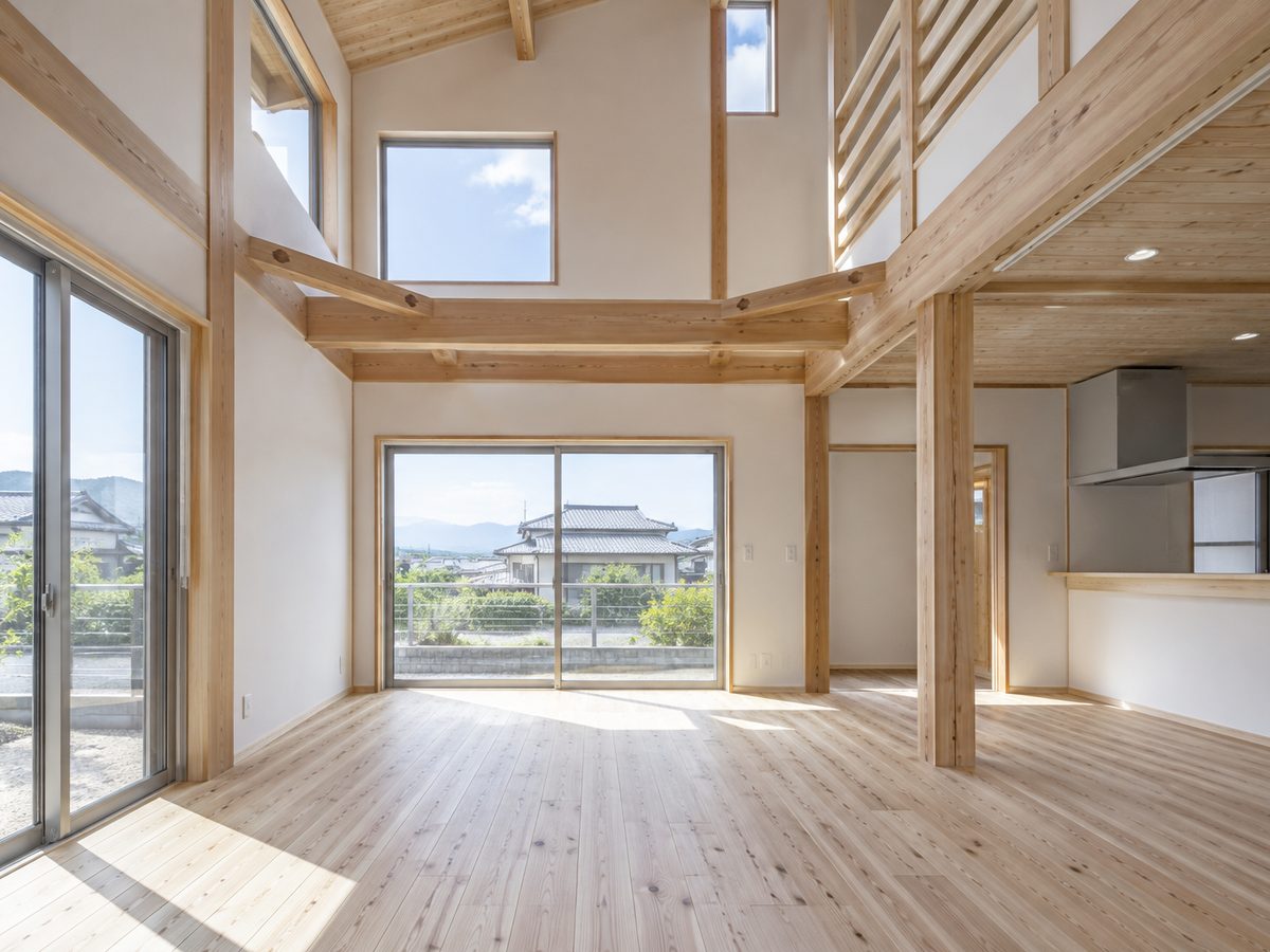 吹き抜けのあるリビング。無垢の床と現しの梁、大きな掃き出し窓、右奥に対面キッチンが見える。家具は置かれていない。