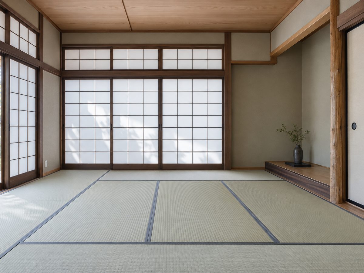畳を新しくした和室。障子と木の枠が残り、奥に床の間がある。