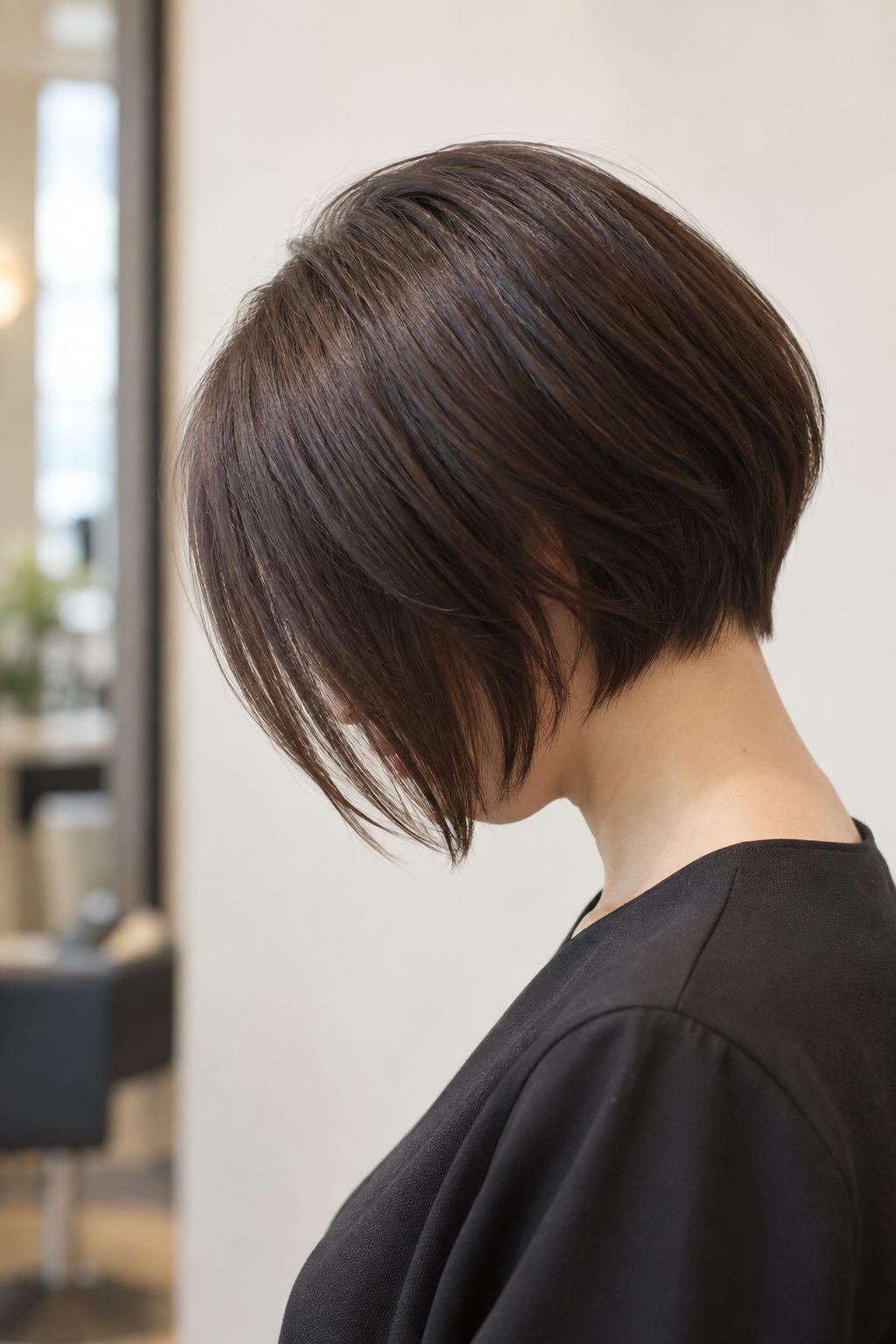 後ろが短く前が長い前下がりボブ。うつむいた横顔からラインが見える。