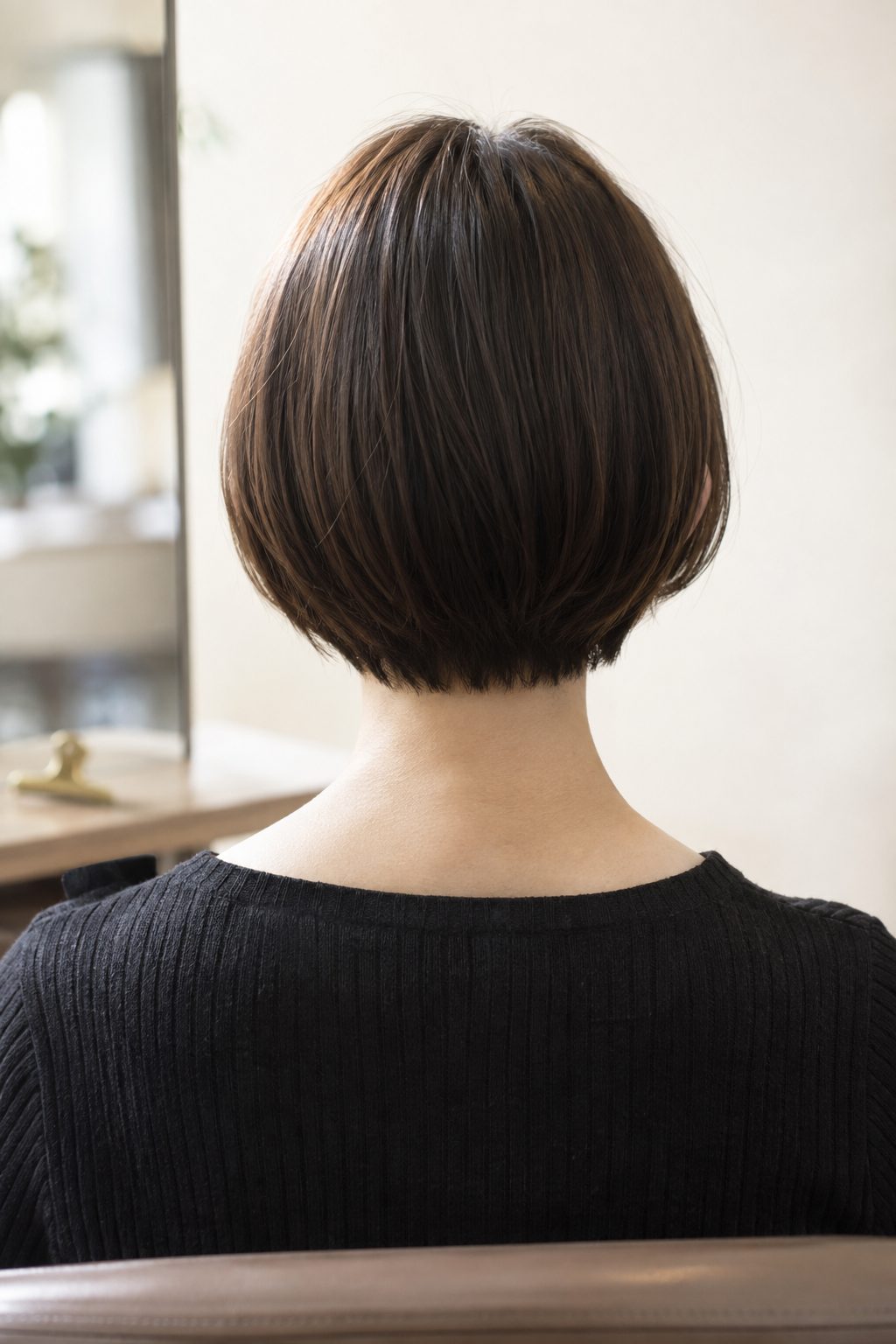 襟足を自然に整えたショートを真後ろから見たところ。