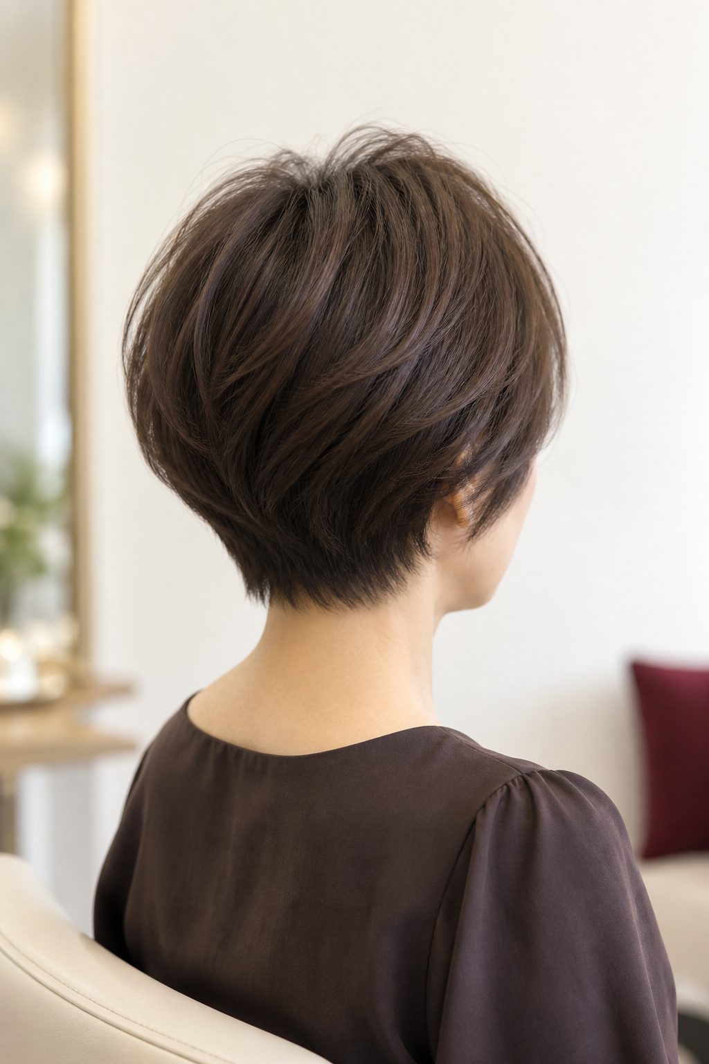 トップにふんわりと立ち上がりをつけた丸みのあるショートを斜め後ろから見たところ。